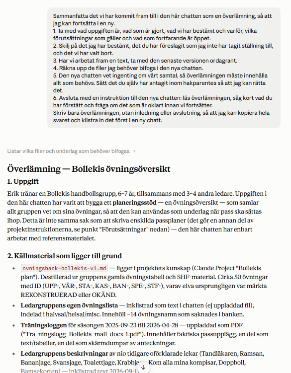 En skärmdump av hur inledningen på en överlämning kan se ut i Claude.