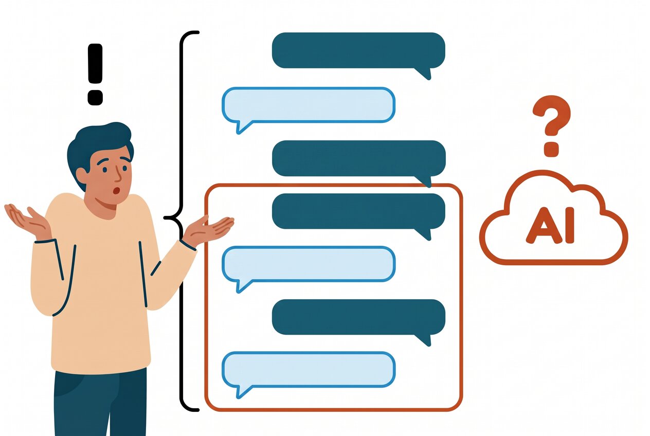 Illustration: en person med ett utropstecken ovanför huvudet står bredvid en chatt med sju pratbubblor. En ram omsluter bara de fyra nedersta, och bredvid ramen finns ett moln med texten AI och ett frågetecken.