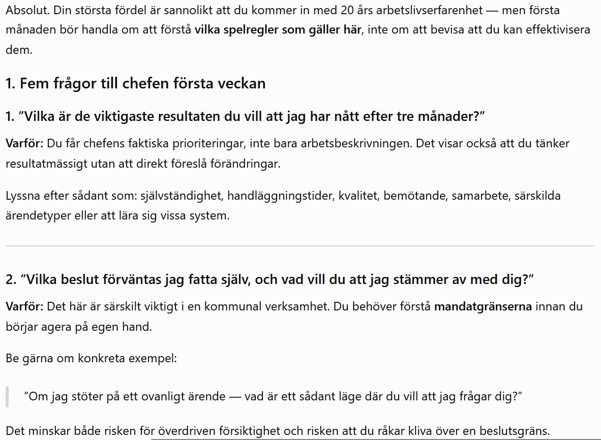 Skärmdump av ChatGPT som svarar med fem konkreta frågor att ställa till chefen, med motivering till varje fråga.