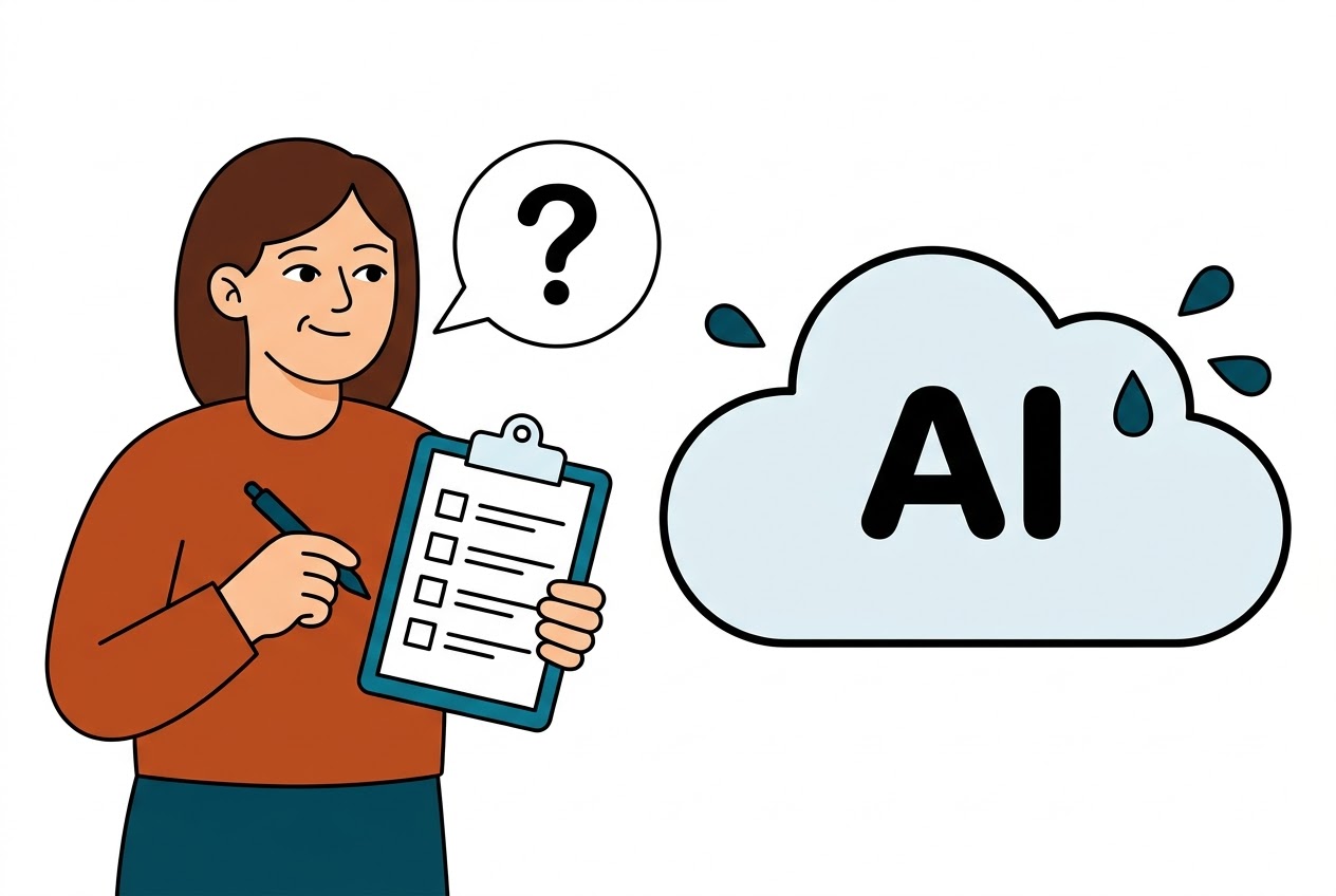Illustration: en person med skrivplatta och checklista ställer en fråga till ett moln med texten AI. Molnet svettas.