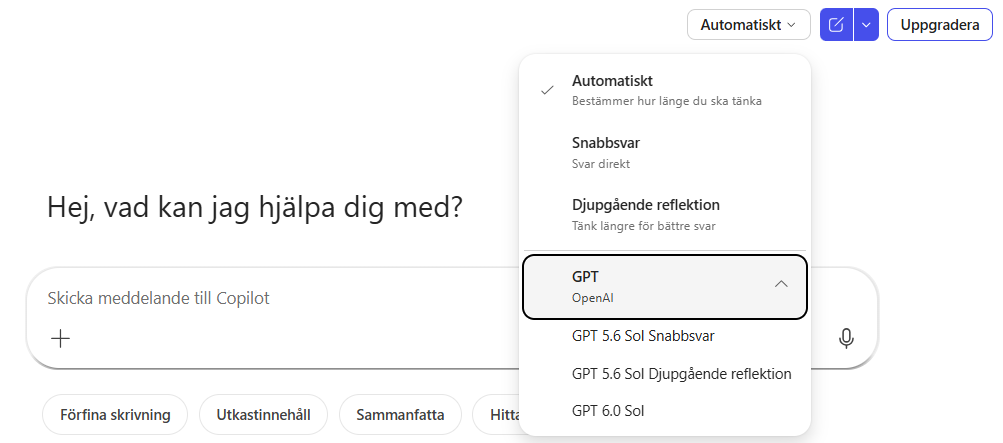 Skärmdump av modellväljaren i Copilot Chat med menyn öppen: lägena Automatiskt, Snabbsvar och Djupgående reflektion, och under GPT från OpenAI modellerna GPT 5.6 Sol Snabbsvar, GPT 5.6 Sol Djupgående reflektion och GPT 6.0 Sol.