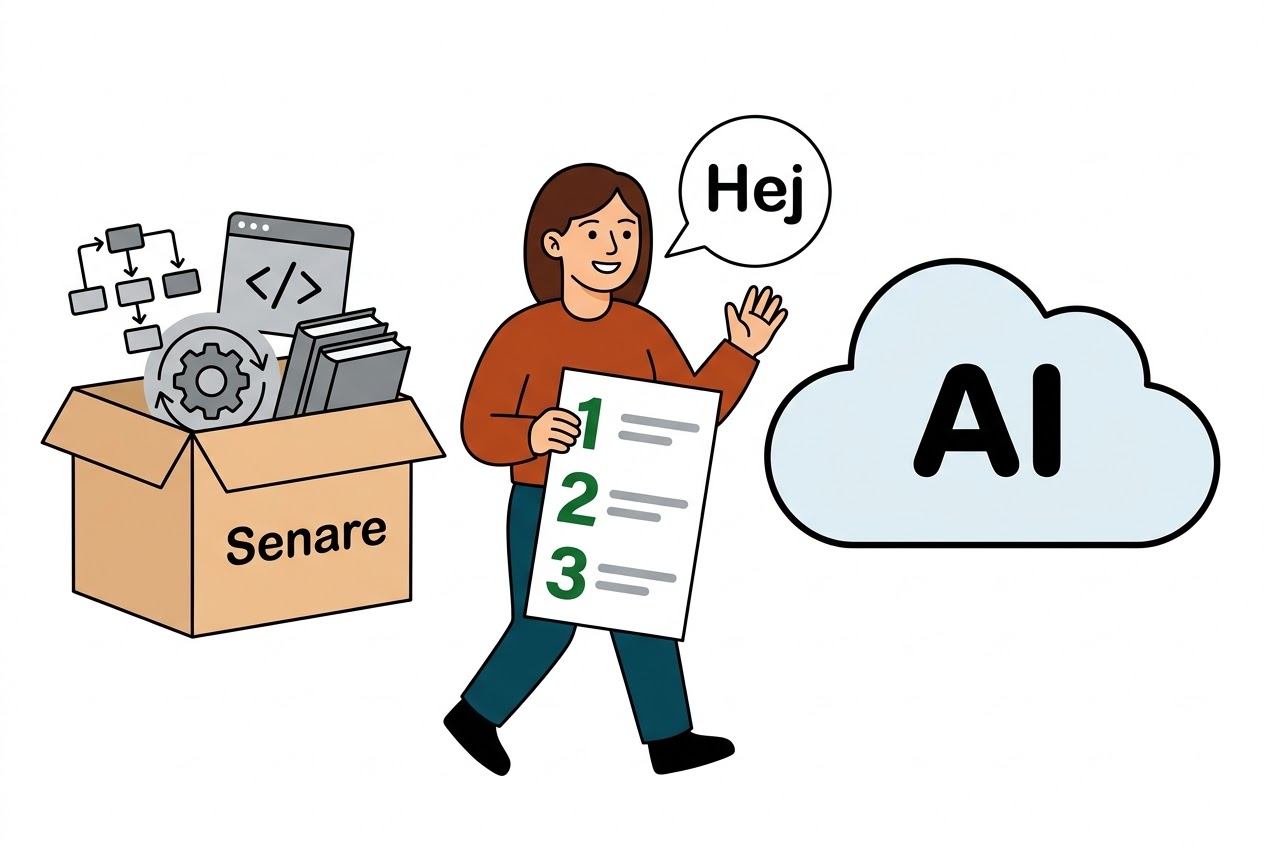 Illustration: en kvinna går åt höger med en stor checklista med siffrorna 1, 2 och 3. Hon vinkar och säger hej till ett moln med texten AI. Bakom henne står en öppen låda märkt Senare, med ett flödesschema, ett kodfönster, ett kugghjul och böcker.