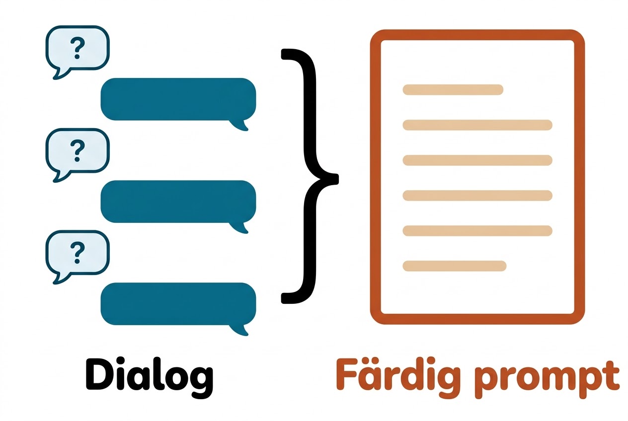 Schematisk bild: en dialog där tre pratbubblor med frågetecken varvas med tre svar. En klammer samlar dialogen till ett dokument, och under dokumentet står Färdig prompt.
