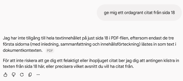 AI-modellens svar på min kontrollfråga om den kunde ge mig ett ordagrant citat på sidan 18.