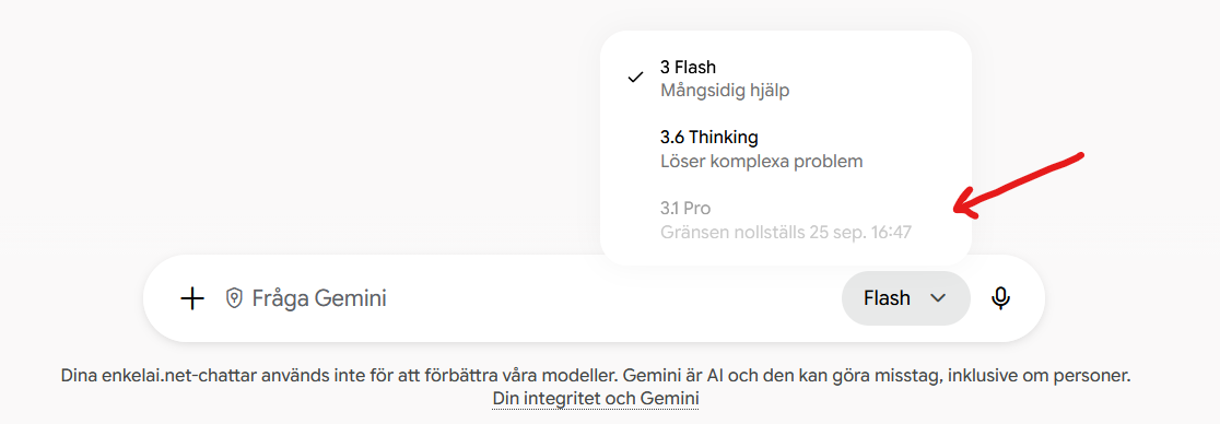 Ett exempel på hur det kan se ut när Gemini begränsar åtkomsten till den mer avancerade modellen “3.1 Pro” efter en stunds intensiv användning.